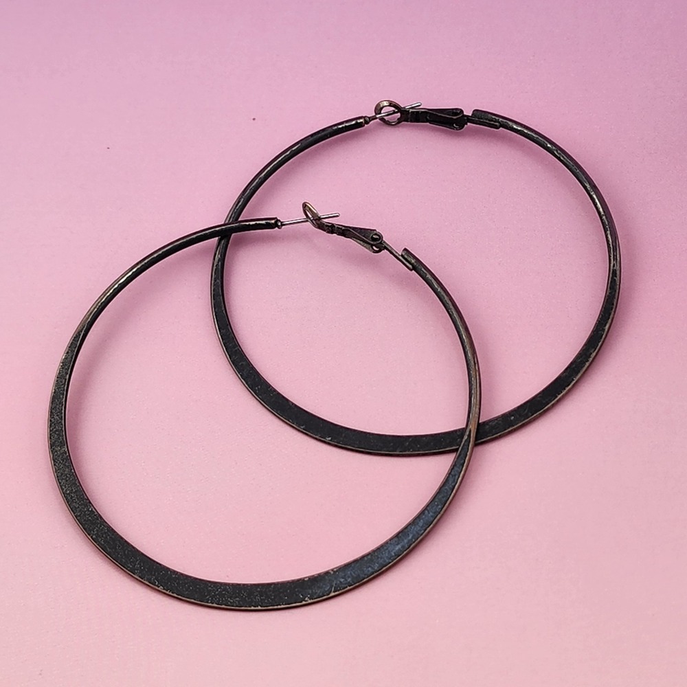 Large Black Gunmetal Hoop Earrings Wide Flat Bottom Bold Statement Minimalist